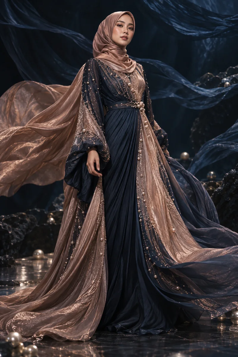 Busana navy dengan hijab rose gold dan detail mutiara dari koleksi Luminous Depth