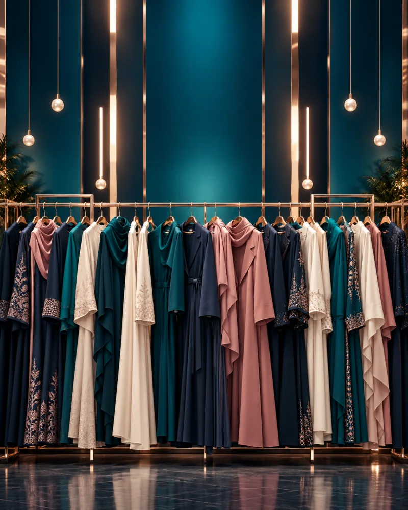 Interior Uzma Fashion dengan koleksi busana dan pencahayaan hangat