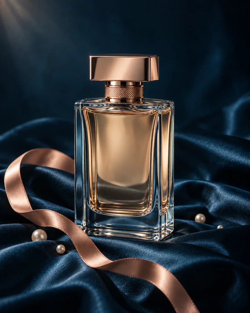 Ilustrasi parfum mewah dengan detail rose gold di atas kain ocean blue