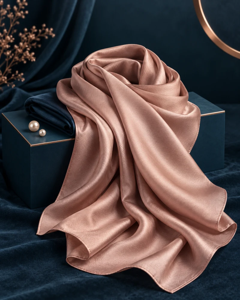 Ilustrasi hijab premium rose gold dengan lipatan lembut di atas kain ocean blue