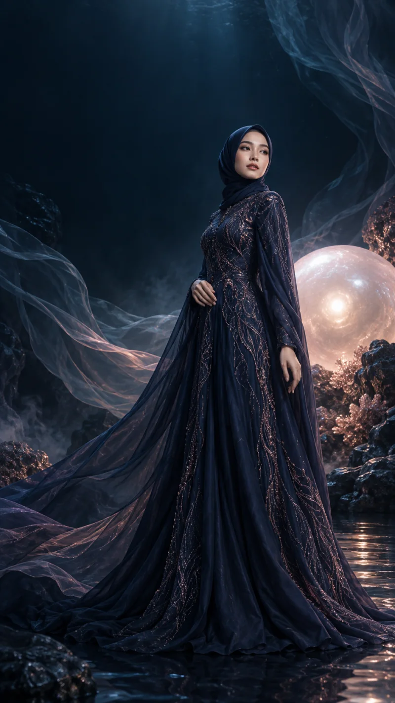 Koleksi modest fashion Uzma dalam warna navy dengan sentuhan rose gold